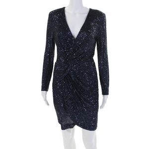 Parker Black Womens Textured Long Sleeve V-neck Sequence Dress Navy Size 8